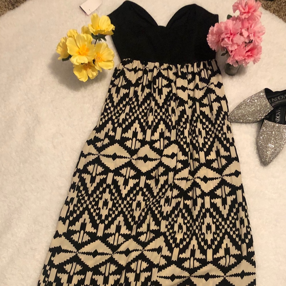 Black and beige strapless maxi dress